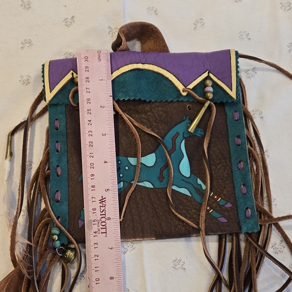 Native American Turquoise and Purple Fringed Horse Equestrian Women's Bag - Picture 4 of 5